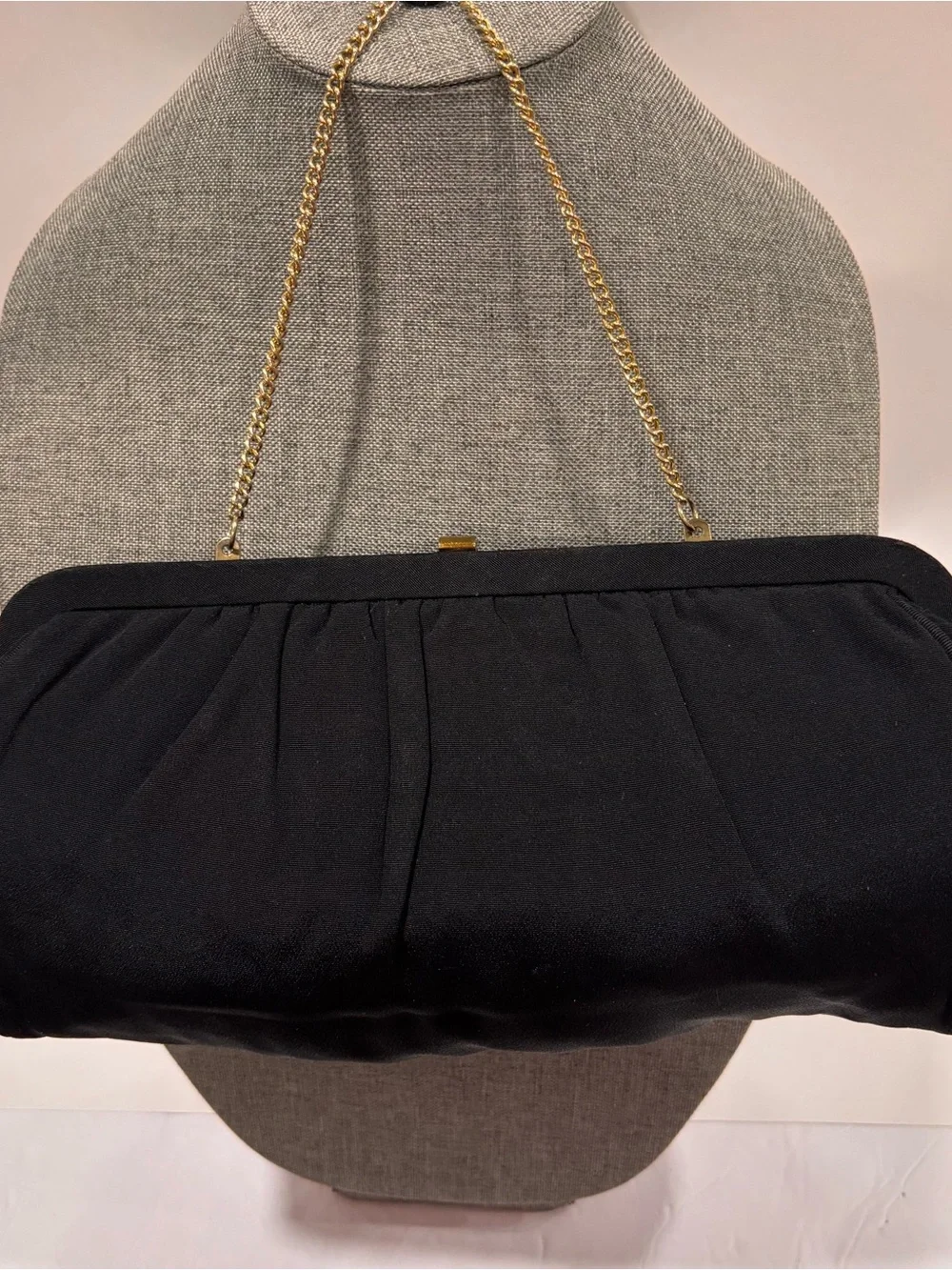 Vintage 1950/60 Faille Black Evening Clutch Gold Foldaway Chain Kiss Lock